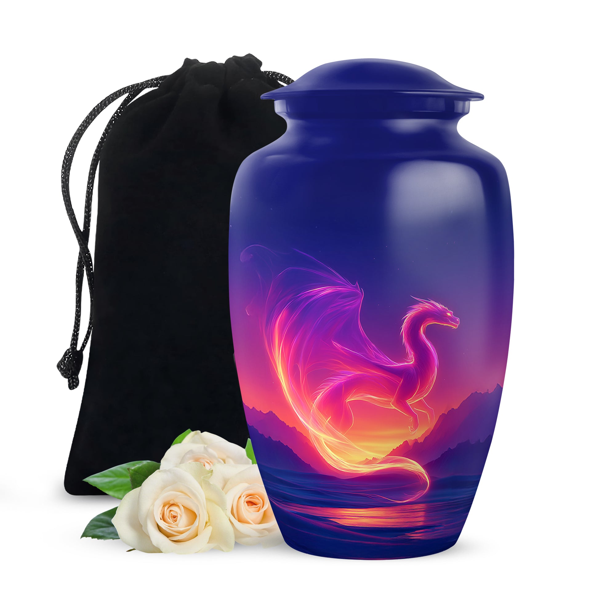 Steel Blue Dragon Cremation Urn angled view of lid and engraved motif - traditional dragon engraving with hand-polished finish - full-size 10 inch 200 cubic inch adult cremation urn