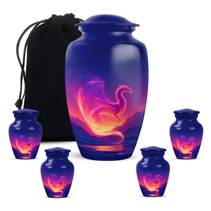 Dusty Blue Dragon Cremation Urn top-down view of secure threaded lid - timeless dragon motif etched into premium metal - memorial set with one large and four small urns
