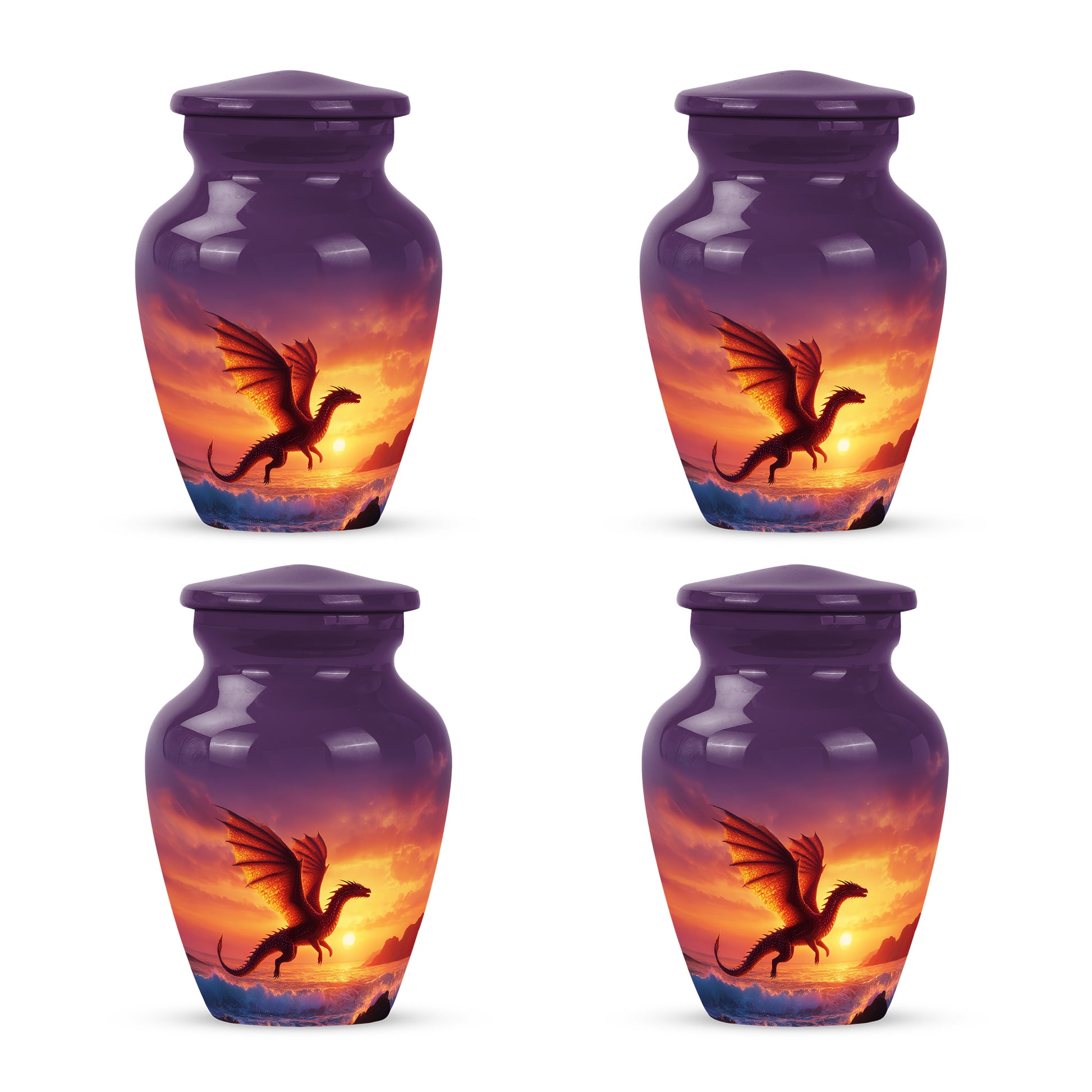 Plum Purple Dragon Cremation Urn side profile showing urn shape - timeless dragon motif etched into premium metal - 10 inch aluminum urn for cremated remains