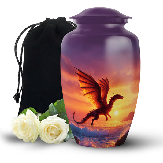 Majestic Purple Dragon Cremation Urn angled view of lid and engraved motif - timeless dragon motif etched into premium metal - full-size 10 inch 200 cubic inch adult cremation urn