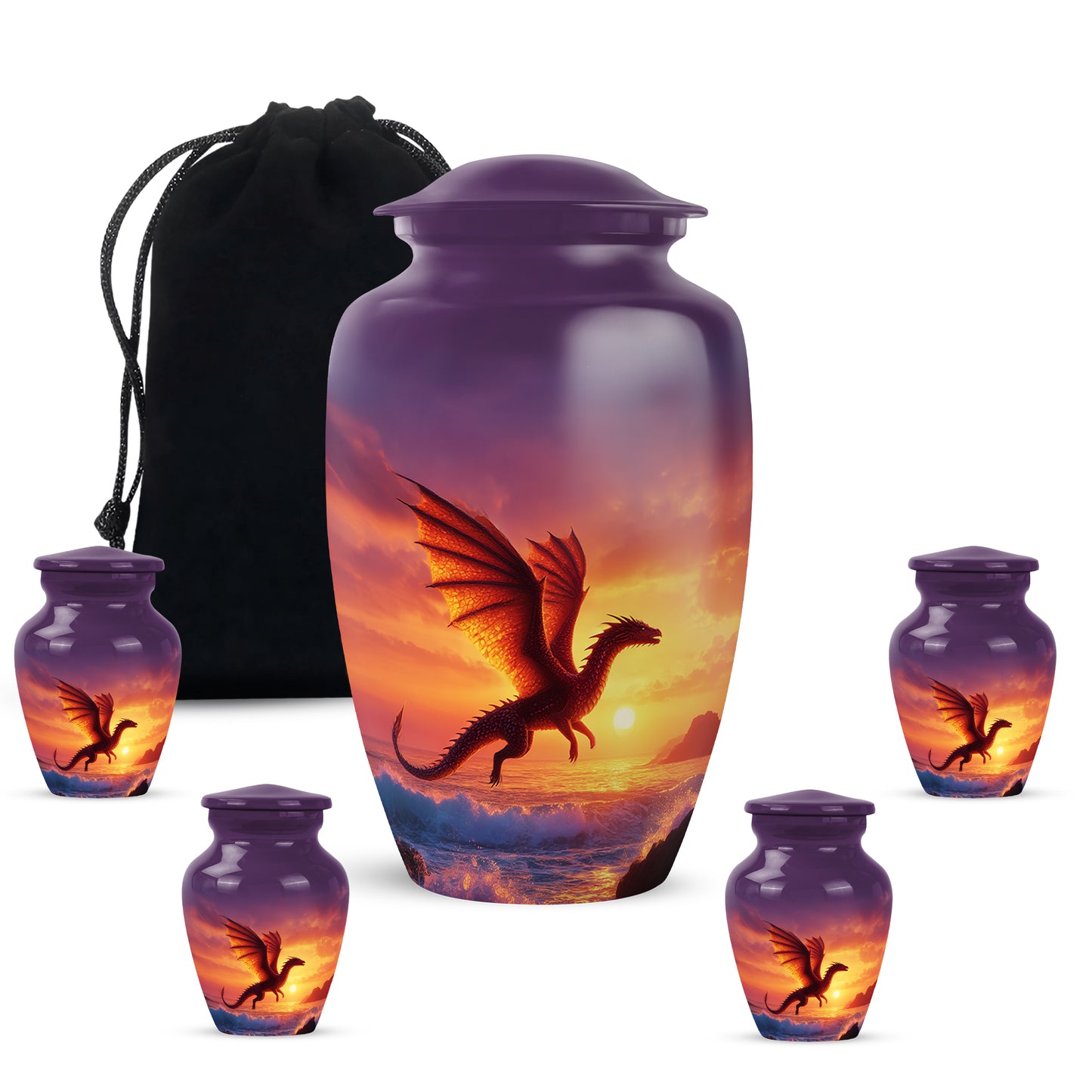 Amethyst Purple Dragon Cremation Urn top-down view of secure threaded lid - timeless dragon motif etched into premium metal - memorial set with one large and four small urns