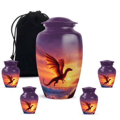 Amethyst Purple Dragon Cremation Urn top-down view of secure threaded lid - timeless dragon motif etched into premium metal - memorial set with one large and four small urns