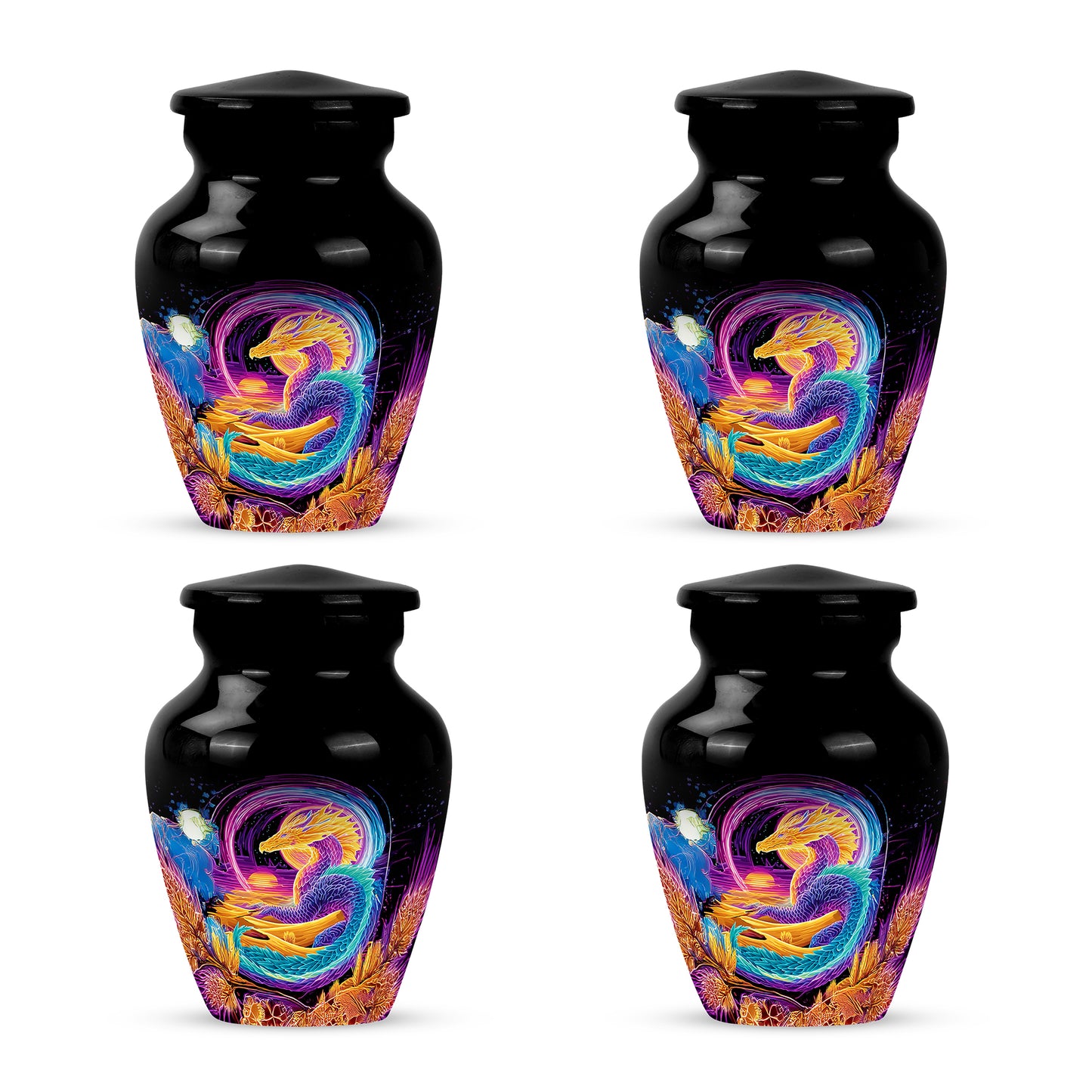 Charcoal Black Dragon Cremation Urn side profile showing urn shape - elegant classic dragon relief with fine detailing - 10 inch aluminum urn for cremated remains