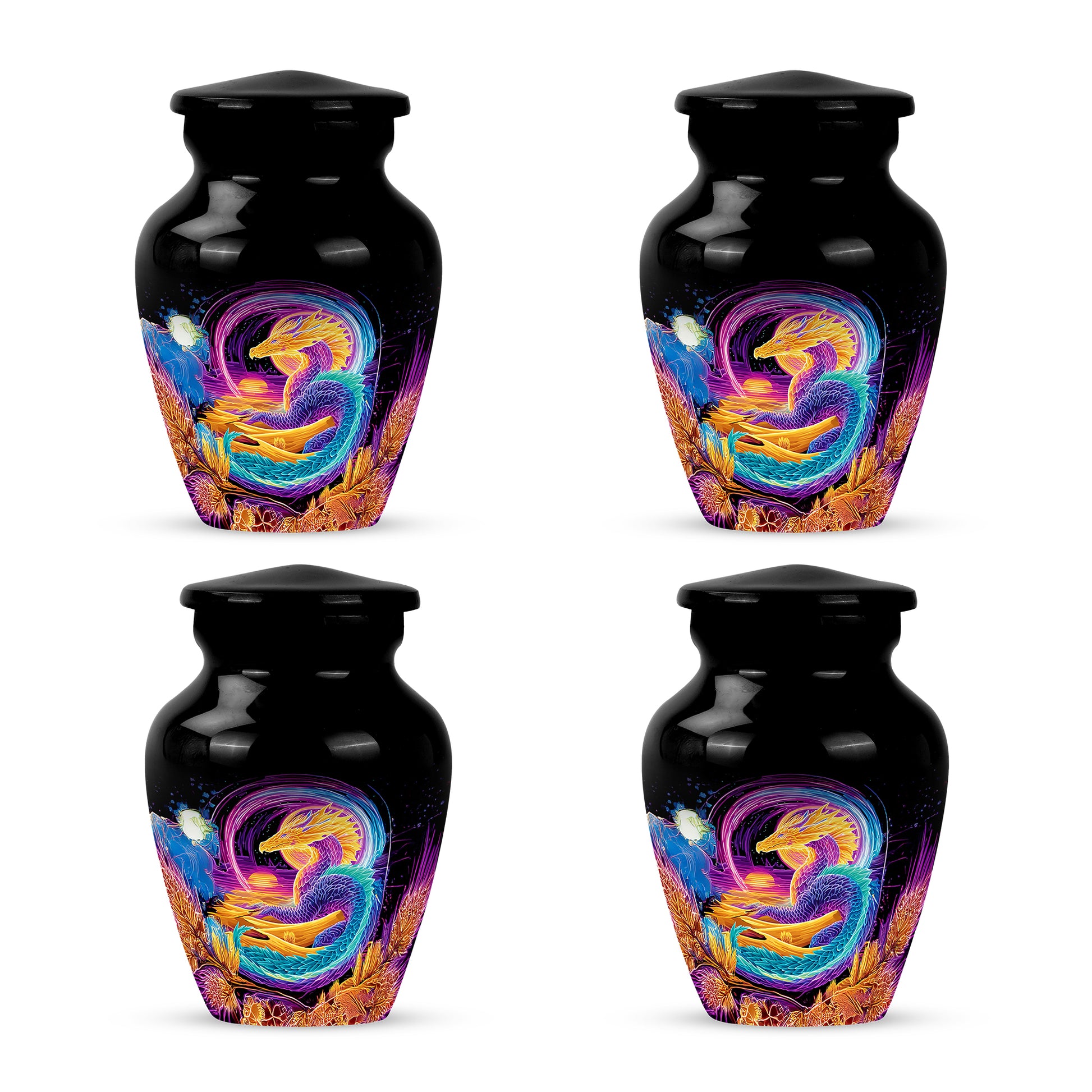 Charcoal Black Dragon Cremation Urn side profile showing urn shape - elegant classic dragon relief with fine detailing - 10 inch aluminum urn for cremated remains