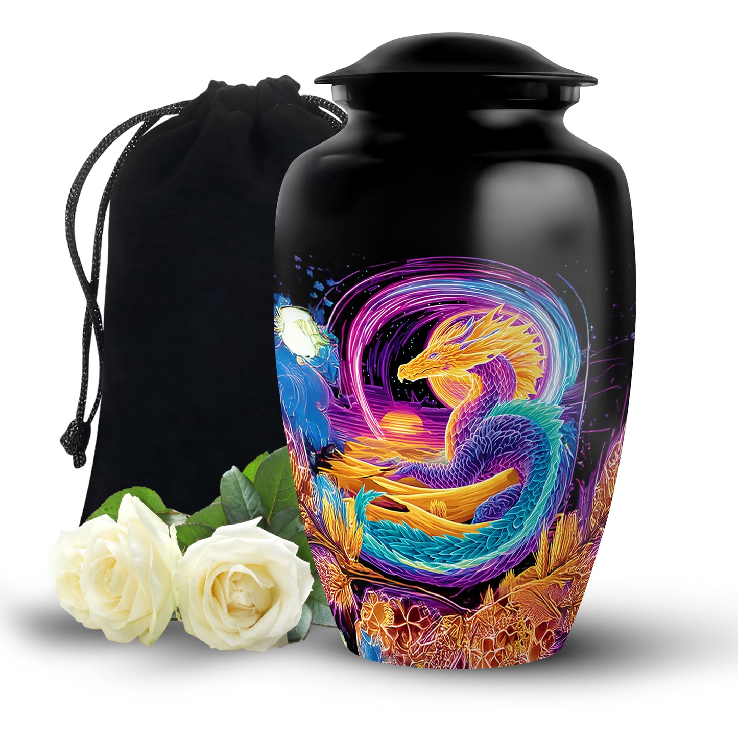Midnight Black Dragon Cremation Urn angled view of lid and engraved motif - traditional dragon engraving with hand-polished finish - full-size 10 inch 200 cubic inch adult cremation urn