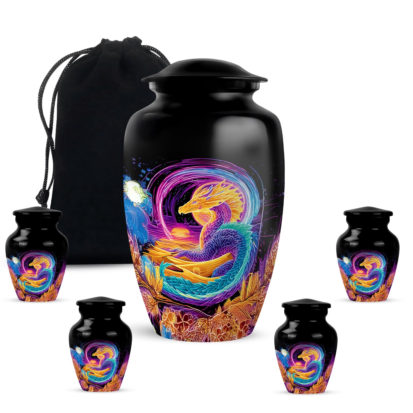 Onyx Black Dragon Cremation Urn top-down view of secure threaded lid - traditional dragon engraving with hand-polished finish - memorial set with one large and four small urns