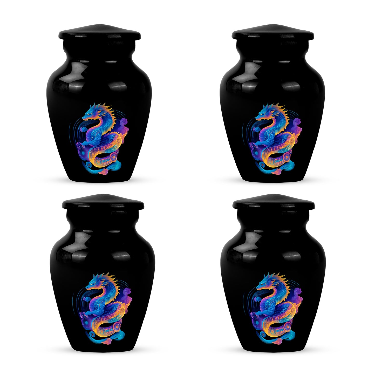 Glossy Black Dragon Cremation Urn side profile showing urn shape - timeless dragon motif etched into premium metal - 10 inch aluminum urn for cremated remains