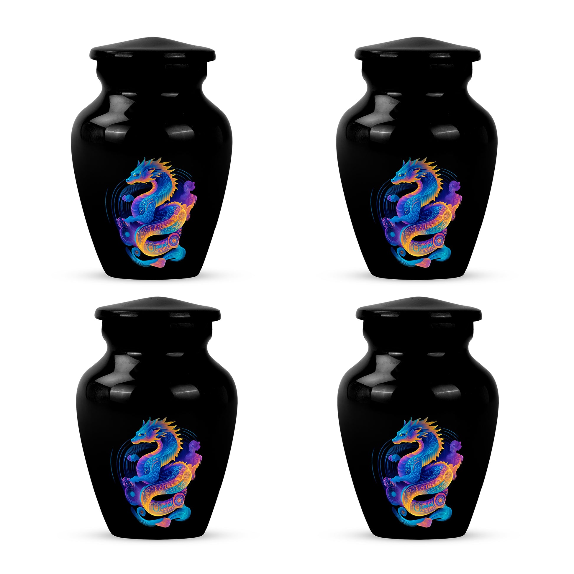 Glossy Black Dragon Cremation Urn side profile showing urn shape - timeless dragon motif etched into premium metal - 10 inch aluminum urn for cremated remains