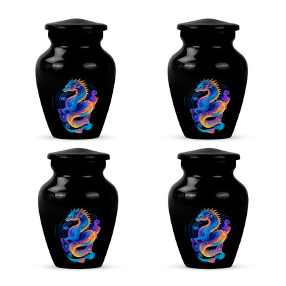 Glossy Black Dragon Cremation Urn side profile showing urn shape - timeless dragon motif etched into premium metal - 10 inch aluminum urn for cremated remains