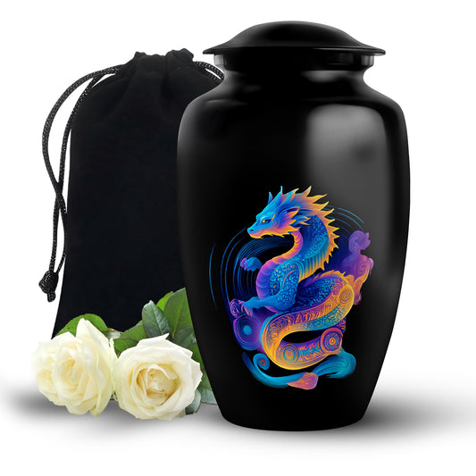 Ebony Dragon Cremation Urn angled view of lid and engraved motif - timeless dragon motif etched into premium metal - full-size 10 inch 200 cubic inch adult cremation urn