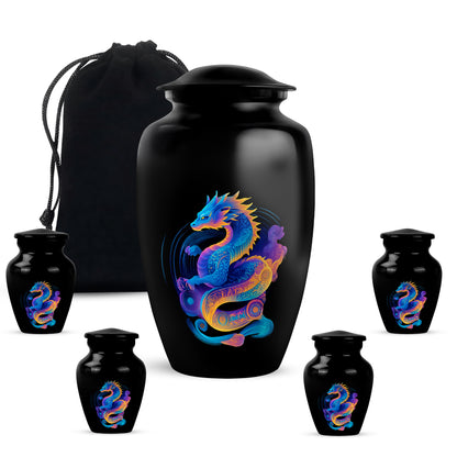 Deep Black Dragon Cremation Urn top-down view of secure threaded lid - classic sculpted dragon pattern on smooth aluminum - memorial set with one large and four small urns