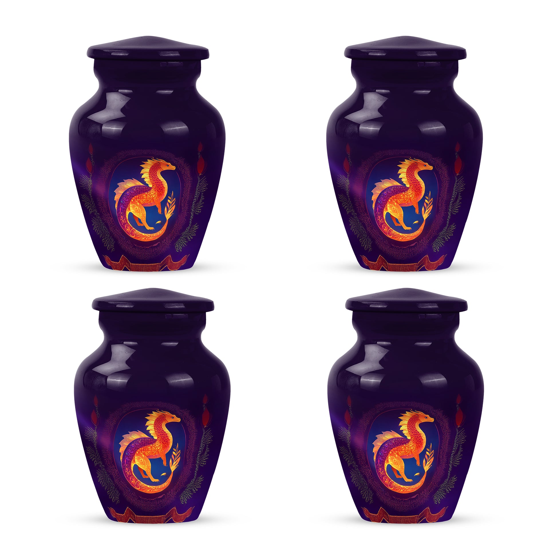 Majestic Purple Dragon Cremation Urn side profile showing urn shape - classic sculpted dragon pattern on smooth aluminum - 10 inch aluminum urn for cremated remains