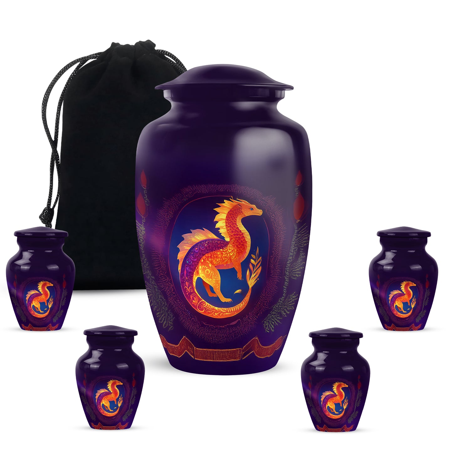 Majestic Purple Dragon Cremation Urn top-down view of secure threaded lid - classic sculpted dragon pattern on smooth aluminum - memorial set with one large and four small urns