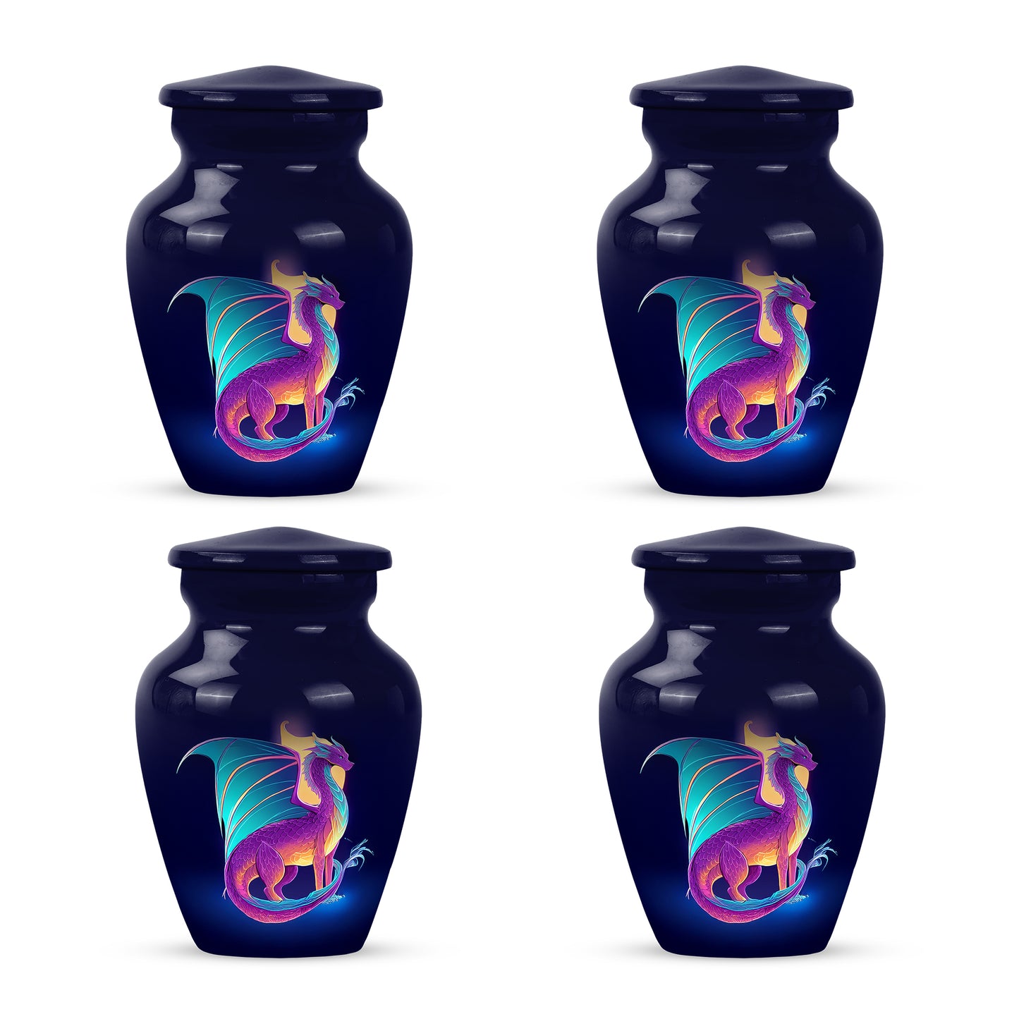 Sapphire Blue Dragon Cremation Urn side profile showing urn shape - elegant classic dragon relief with fine detailing - 10 inch aluminum urn for cremated remains