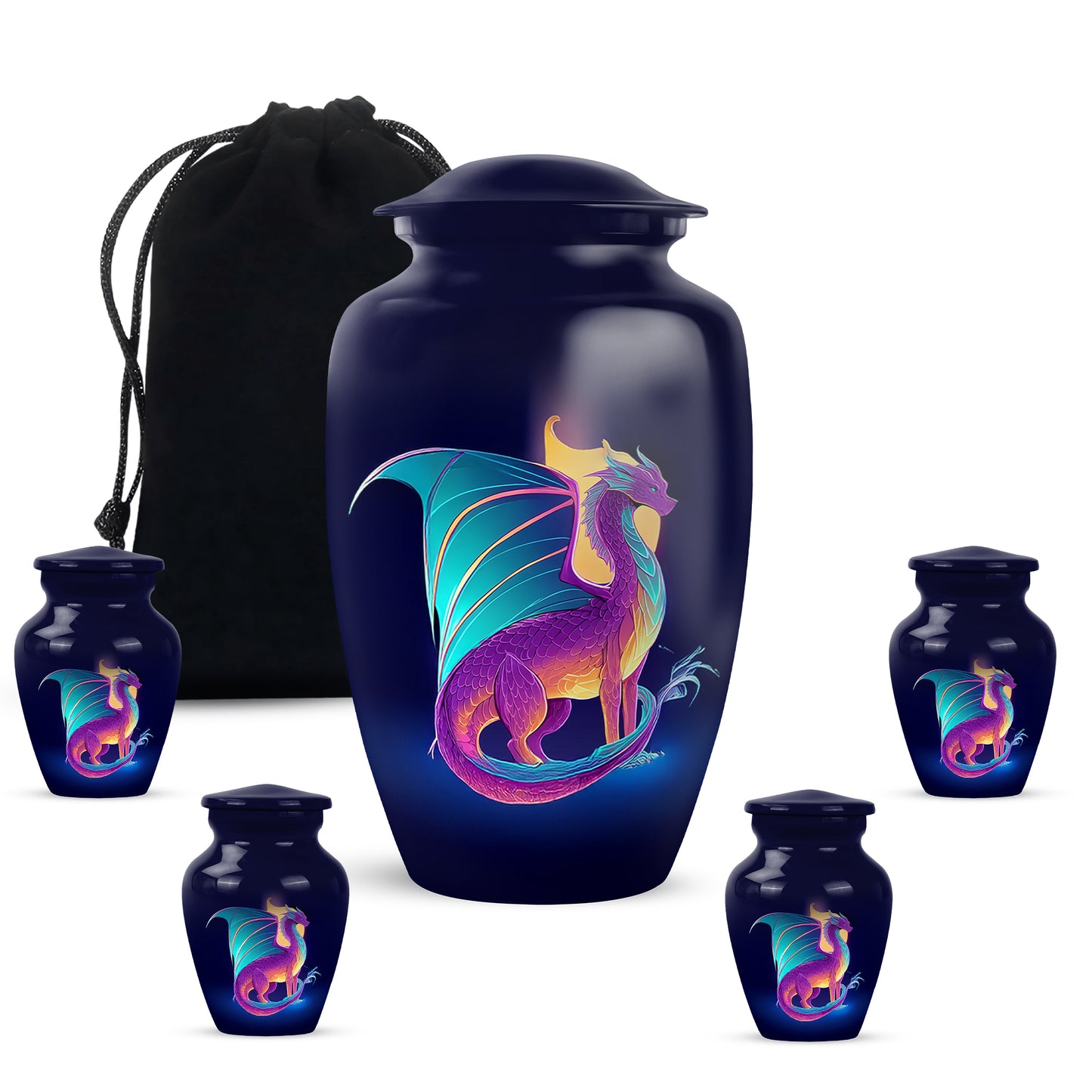 Twilight Blue Dragon Cremation Urn top-down view of secure threaded lid - elegant classic dragon relief with fine detailing - memorial set with one large and four small urns