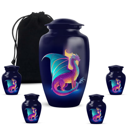 Twilight Blue Dragon Cremation Urn top-down view of secure threaded lid - elegant classic dragon relief with fine detailing - memorial set with one large and four small urns