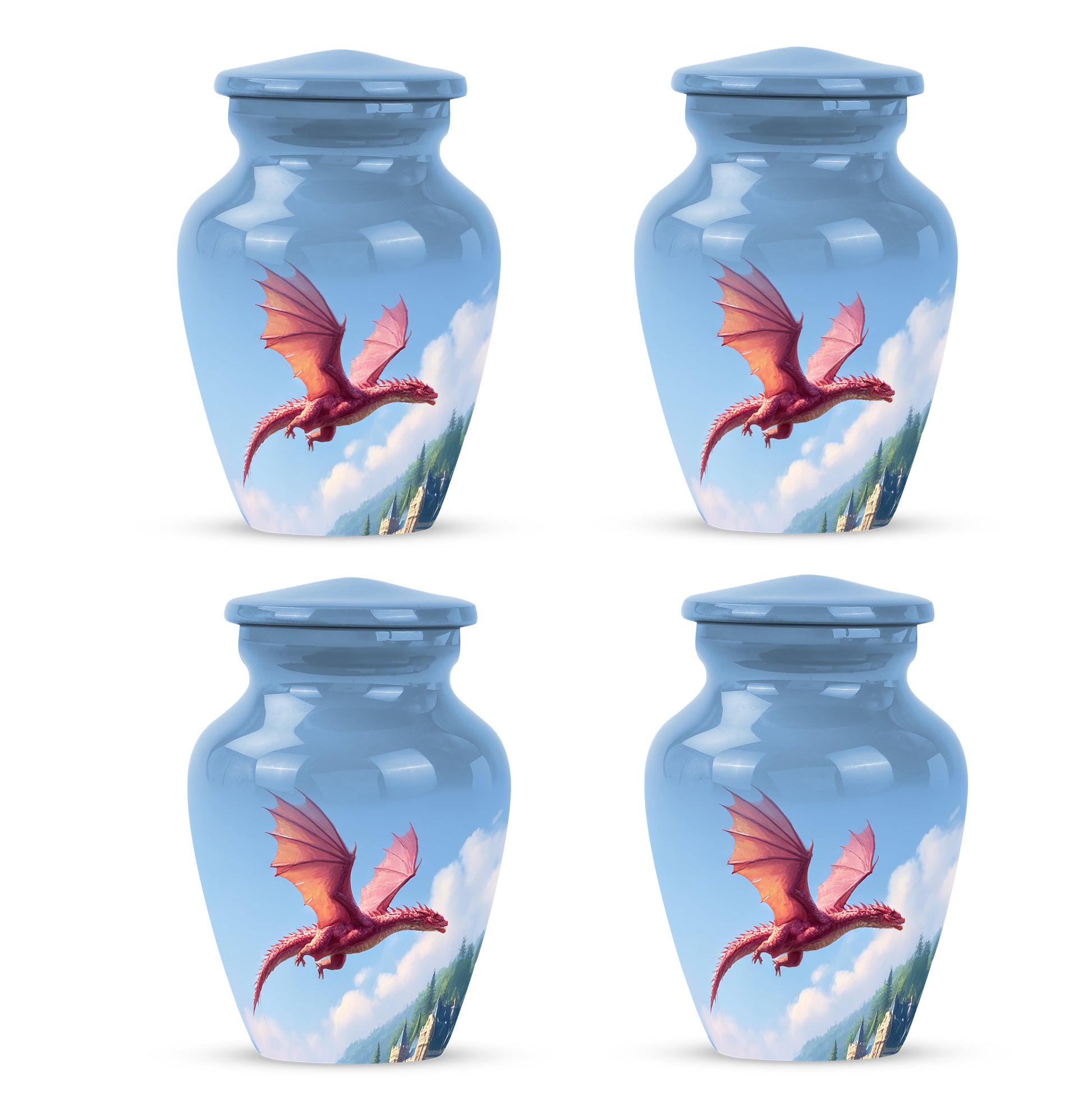 Celestial Blue Dragon Cremation Urn side profile showing urn shape - classic sculpted dragon pattern on smooth aluminum - 10 inch aluminum urn for cremated remains