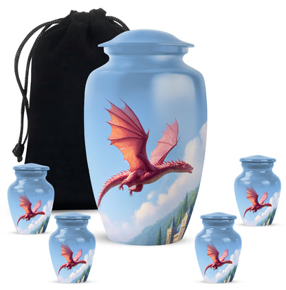 Powder Blue Dragon Cremation Urn top-down view of secure threaded lid - classic sculpted dragon pattern on smooth aluminum - memorial set with one large and four small urns