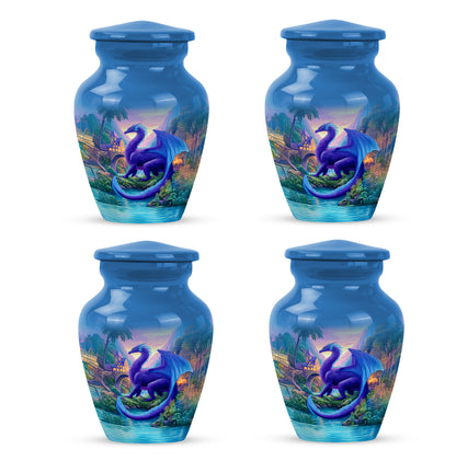 Indigo Dragon Cremation Urn side profile showing urn shape - classic sculpted dragon pattern on smooth aluminum - 10 inch aluminum urn for cremated remains