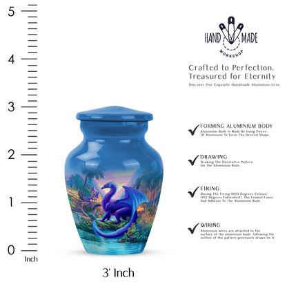 Cobalt Blue Dragon Cremation Urn close-up of engraving and surface detail - traditional dragon engraving with hand-polished finish - mini keepsake memorial for portion of cremation ashes