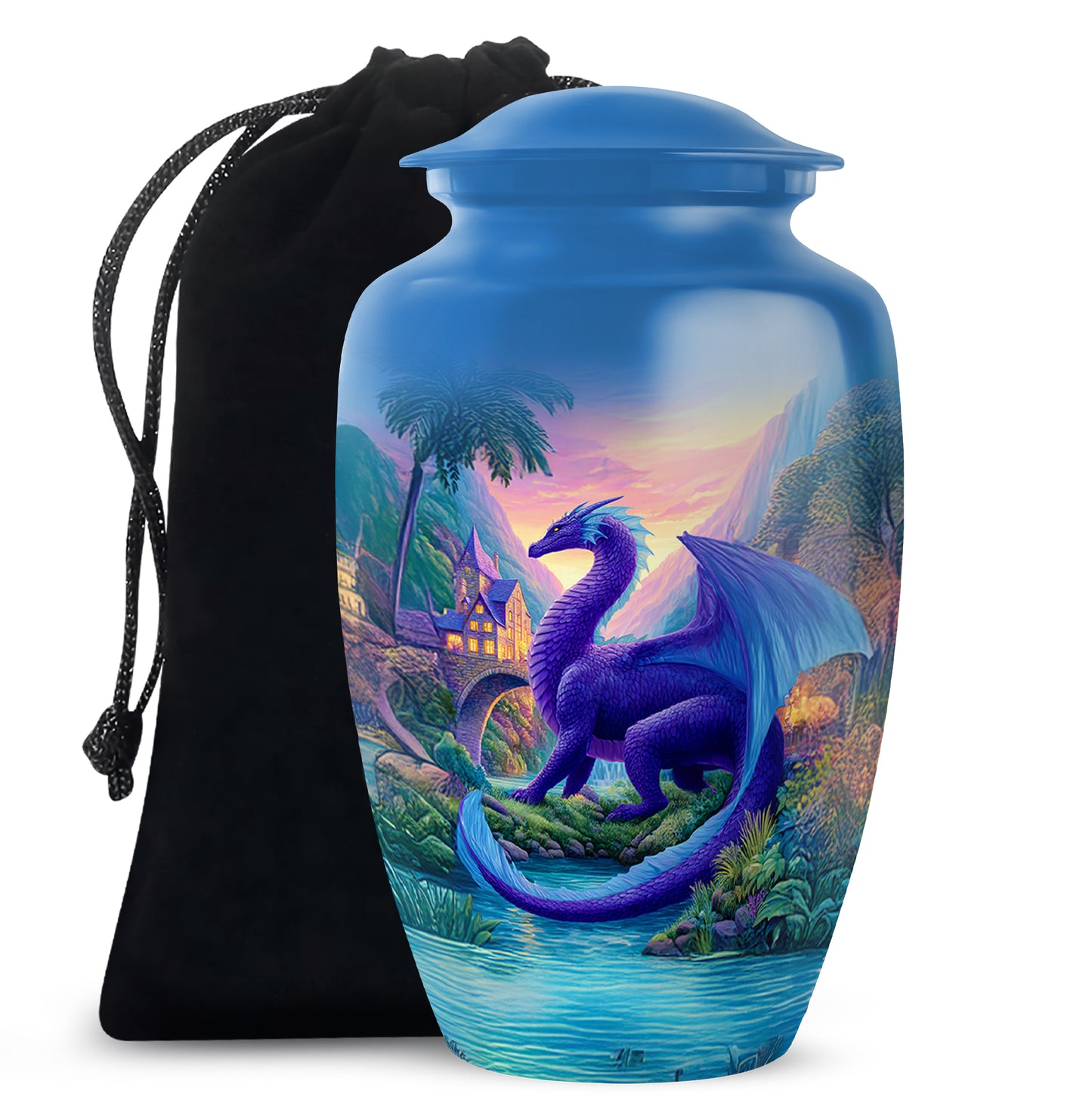 Navy Blue Dragon Cremation Urn angled view of lid and engraved motif - timeless dragon motif etched into premium metal - full-size 10 inch 200 cubic inch adult cremation urn