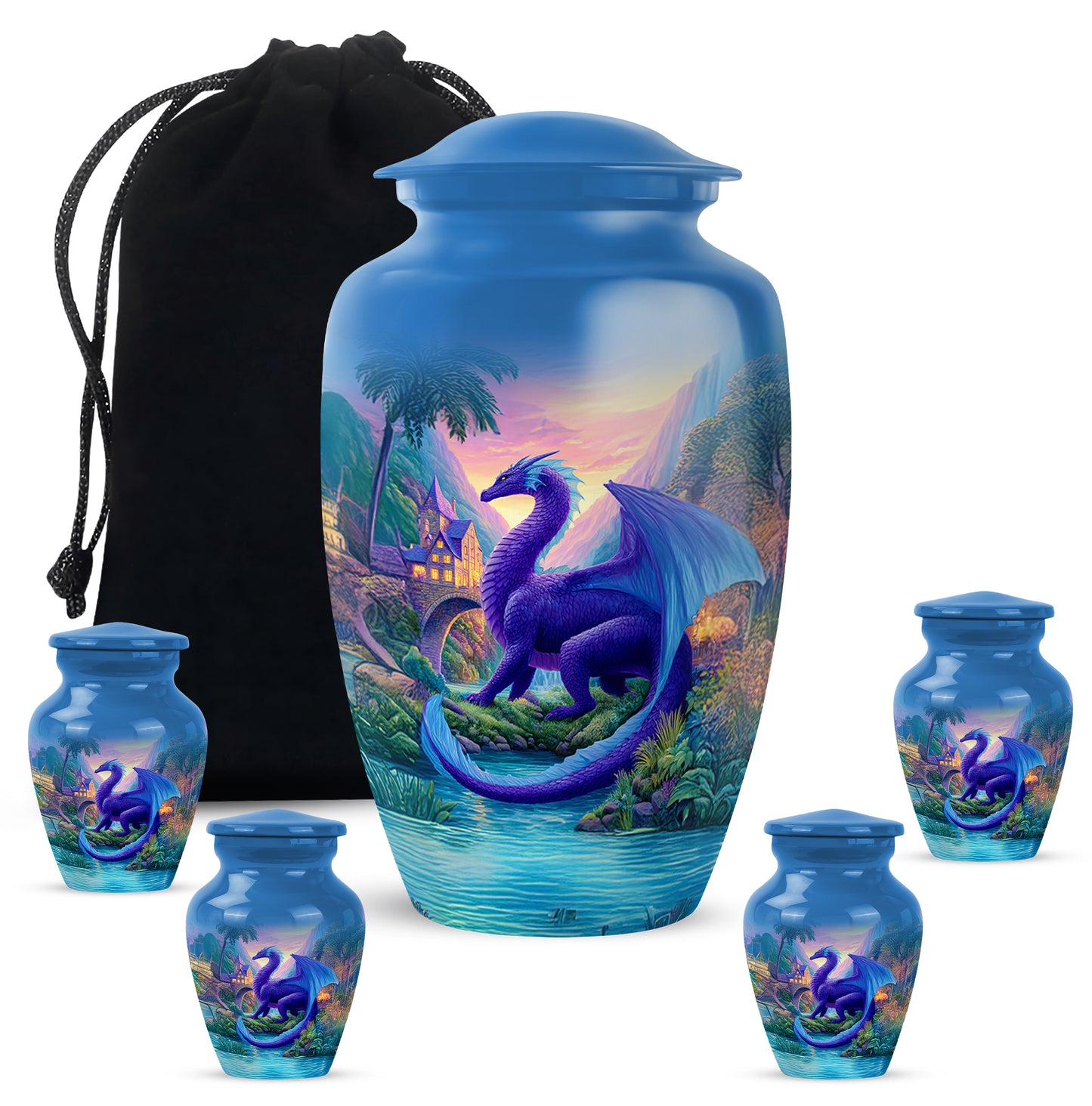Vivid Blue Dragon Cremation Urn top-down view of secure threaded lid - elegant classic dragon relief with fine detailing - memorial set with one large and four small urns