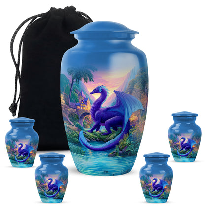 Vivid Blue Dragon Cremation Urn top-down view of secure threaded lid - elegant classic dragon relief with fine detailing - memorial set with one large and four small urns