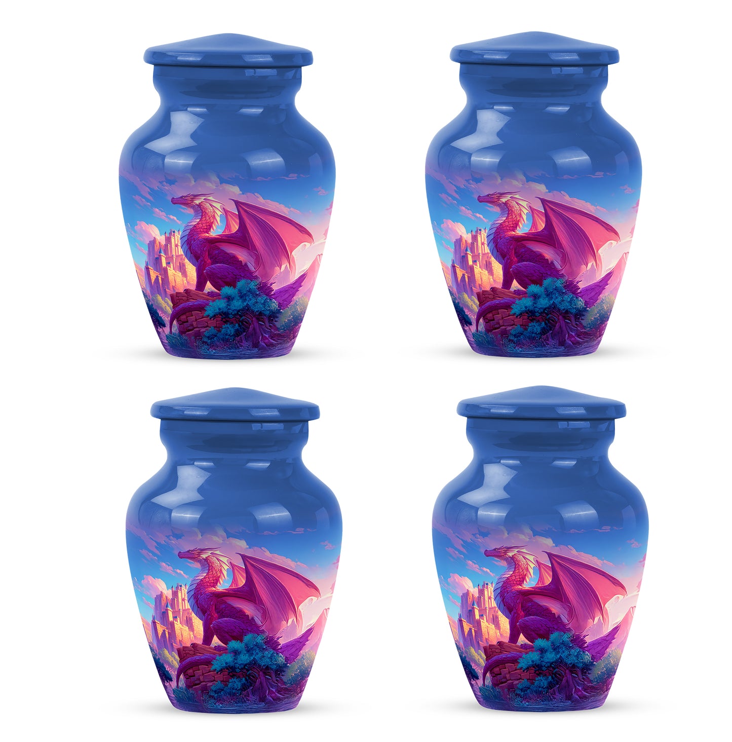 Royal Blue Dragon Cremation Urn side profile showing urn shape - elegant classic dragon relief with fine detailing - 10 inch aluminum urn for cremated remains