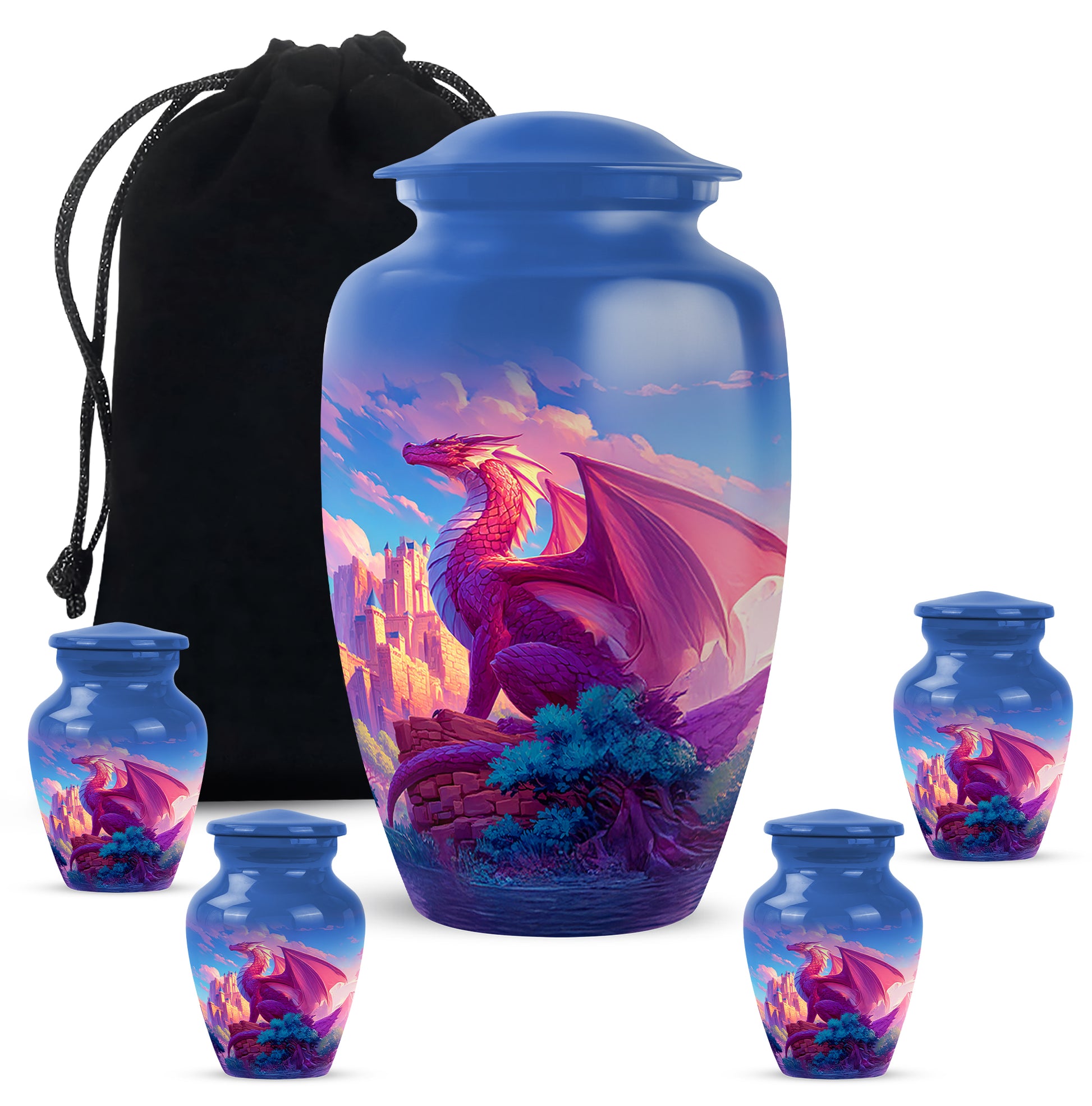 Icy Blue Dragon Cremation Urn top-down view of secure threaded lid - classic sculpted dragon pattern on smooth aluminum - memorial set with one large and four small urns