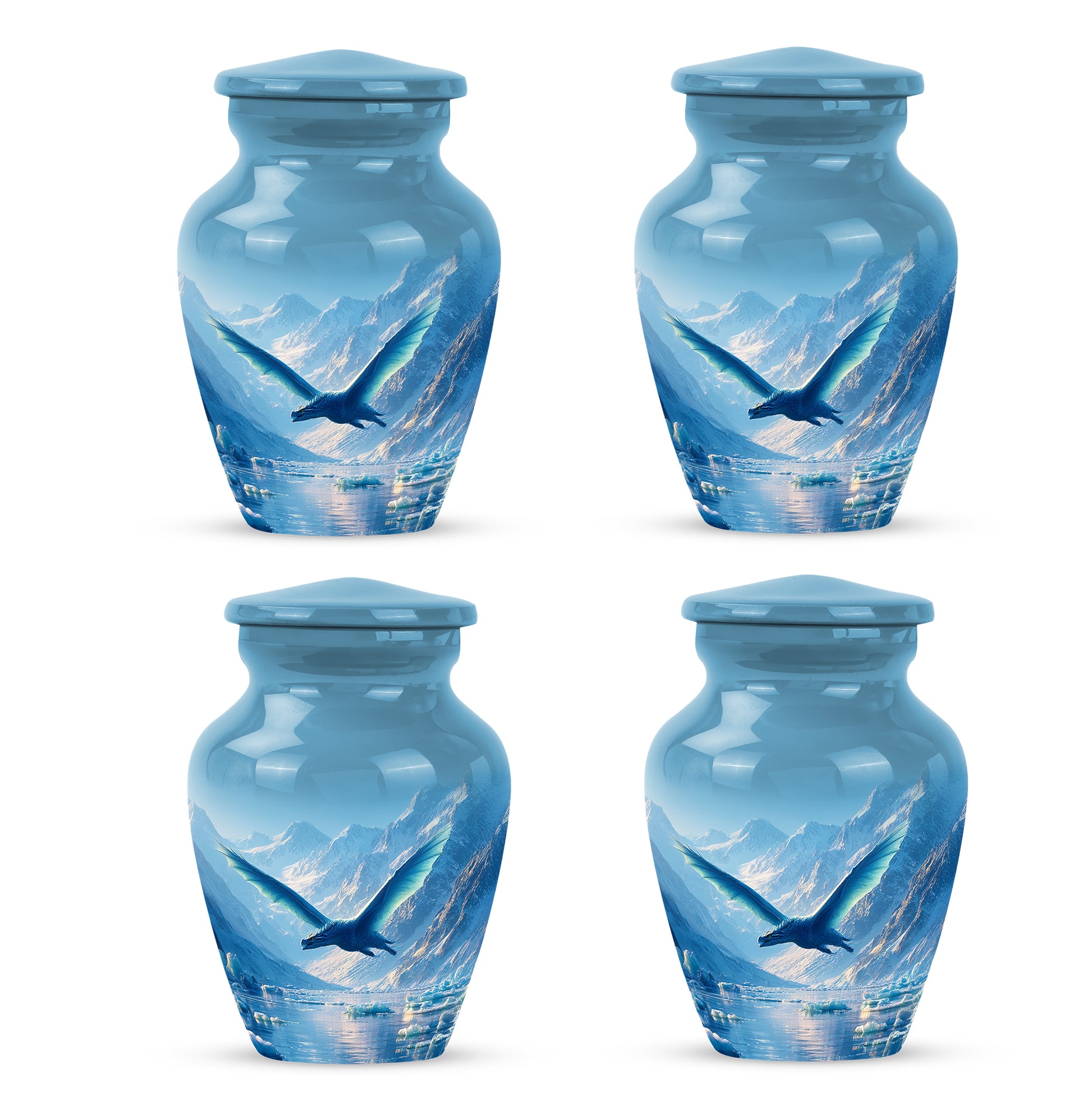 Sapphire Blue Dragon Cremation Urn side profile showing urn shape - elegant classic dragon relief with fine detailing - 10 inch aluminum urn for cremated remains