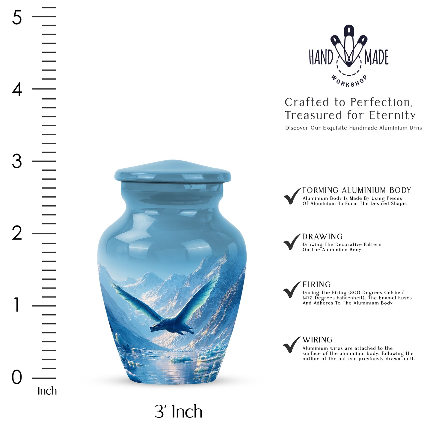 Celestial Blue Dragon Cremation Urn close-up of engraving and surface detail - classic sculpted dragon pattern on smooth aluminum - mini keepsake memorial for portion of cremation ashes