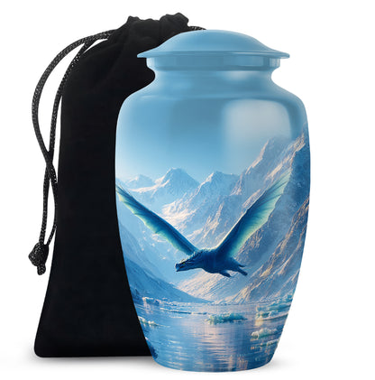 Sky Blue Dragon Cremation Urn angled view of lid and engraved motif - classic sculpted dragon pattern on smooth aluminum - full-size 10 inch 200 cubic inch adult cremation urn
