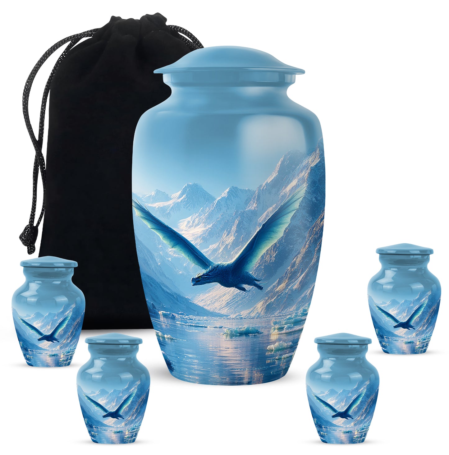 Royal Blue Dragon Cremation Urn top-down view of secure threaded lid - traditional dragon engraving with hand-polished finish - memorial set with one large and four small urns