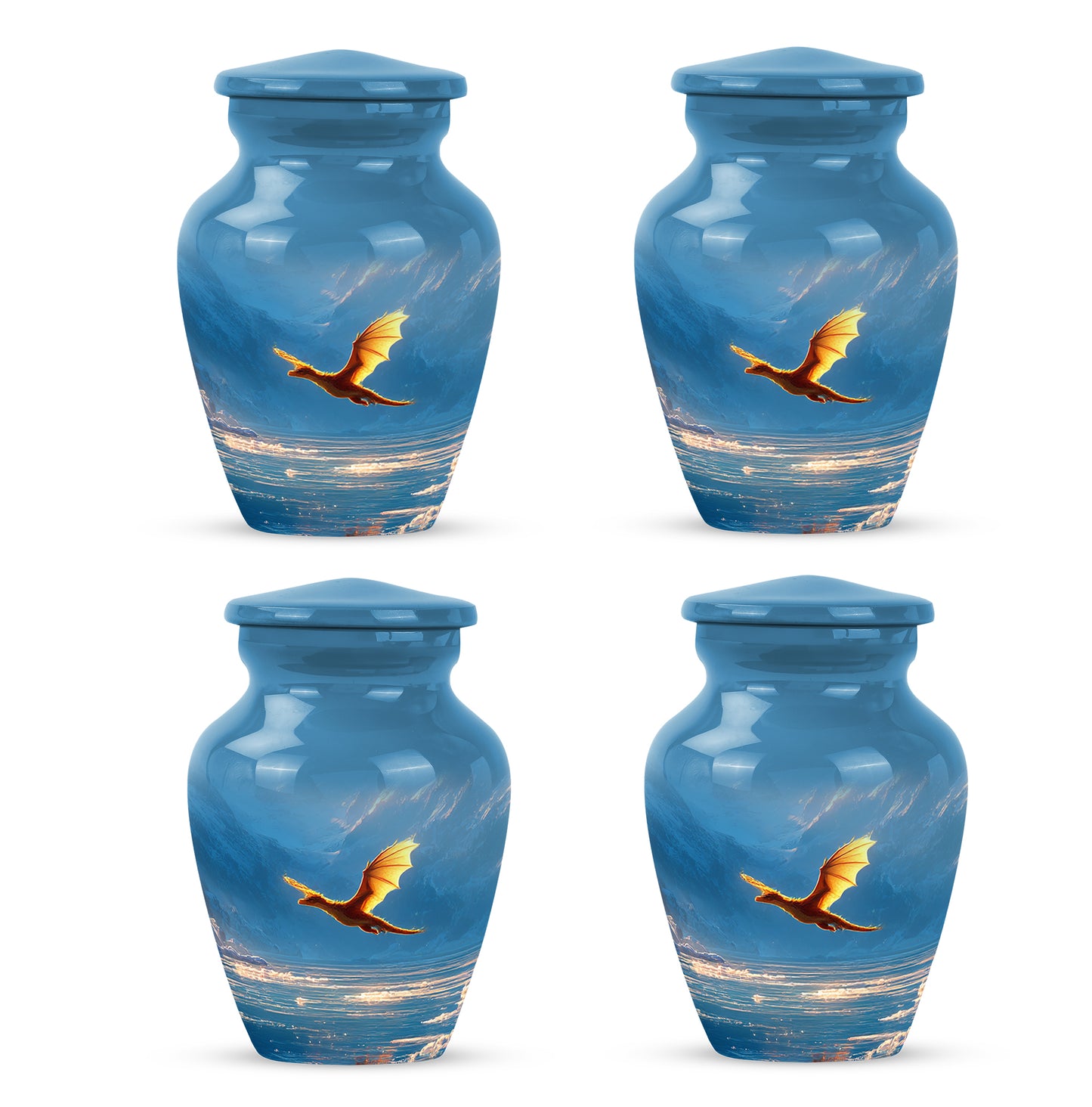 Cornflower Blue Dragon Cremation Urn side profile showing urn shape - traditional dragon engraving with hand-polished finish - 10 inch aluminum urn for cremated remains