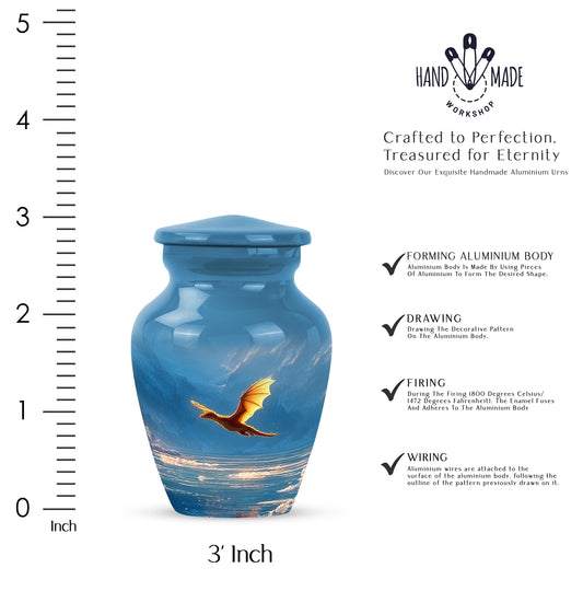 Soft Blue Dragon Cremation Urn close-up of engraving and surface detail - elegant classic dragon relief with fine detailing - mini keepsake memorial for portion of cremation ashes