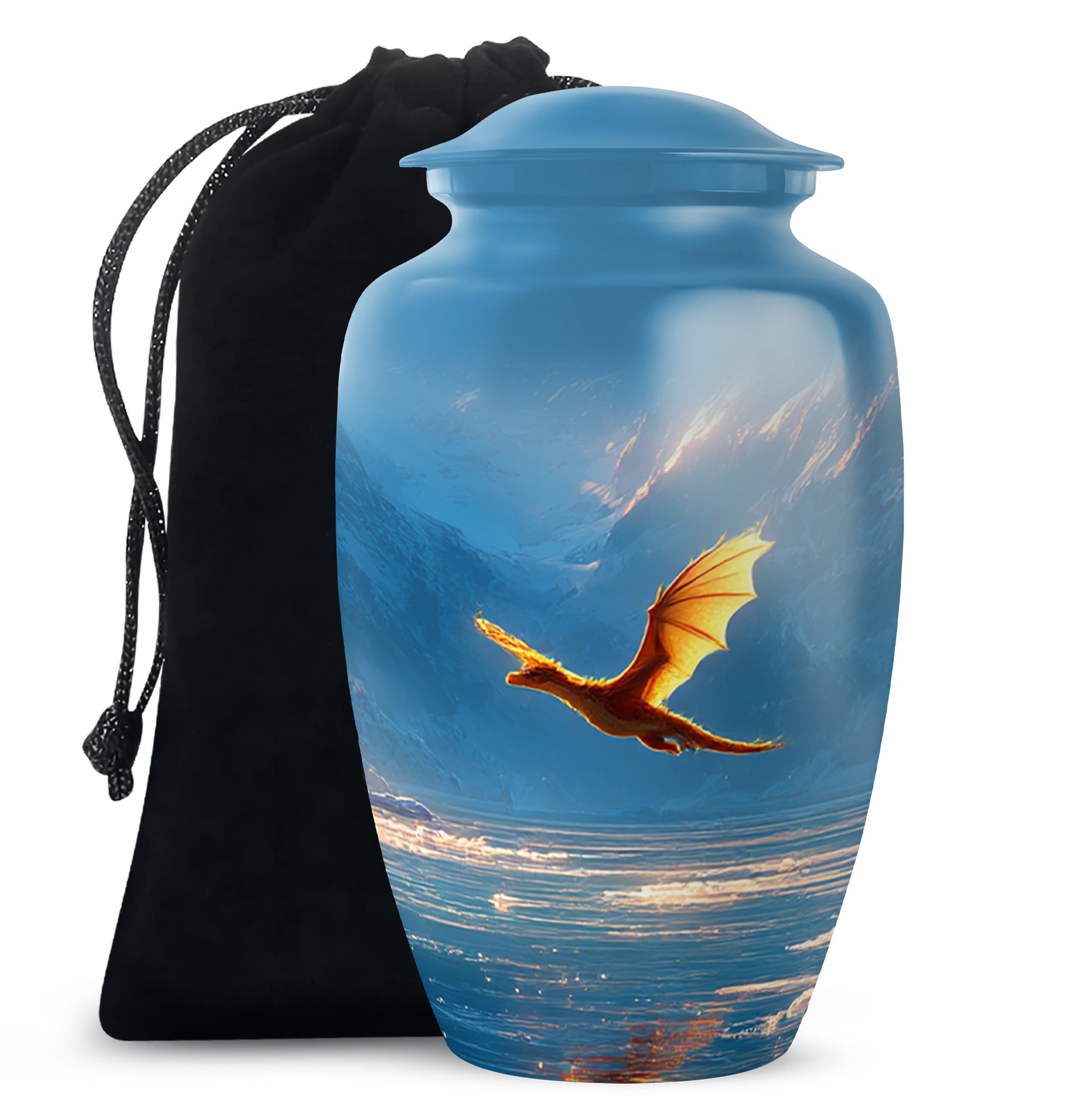 Twilight Blue Dragon Cremation Urn angled view of lid and engraved motif - traditional dragon engraving with hand-polished finish - full-size 10 inch 200 cubic inch adult cremation urn