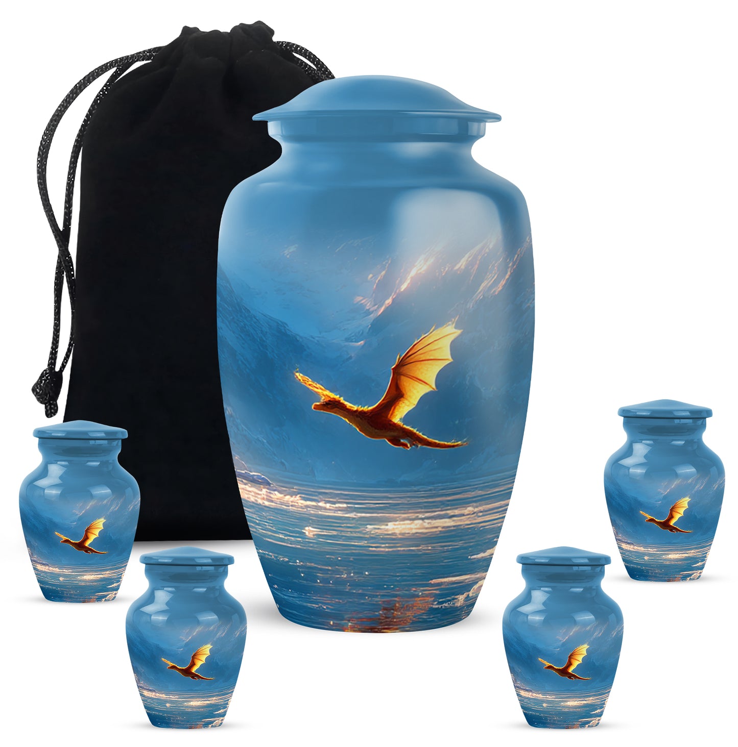 Serene Blue Dragon Cremation Urn top-down view of secure threaded lid - elegant classic dragon relief with fine detailing - memorial set with one large and four small urns