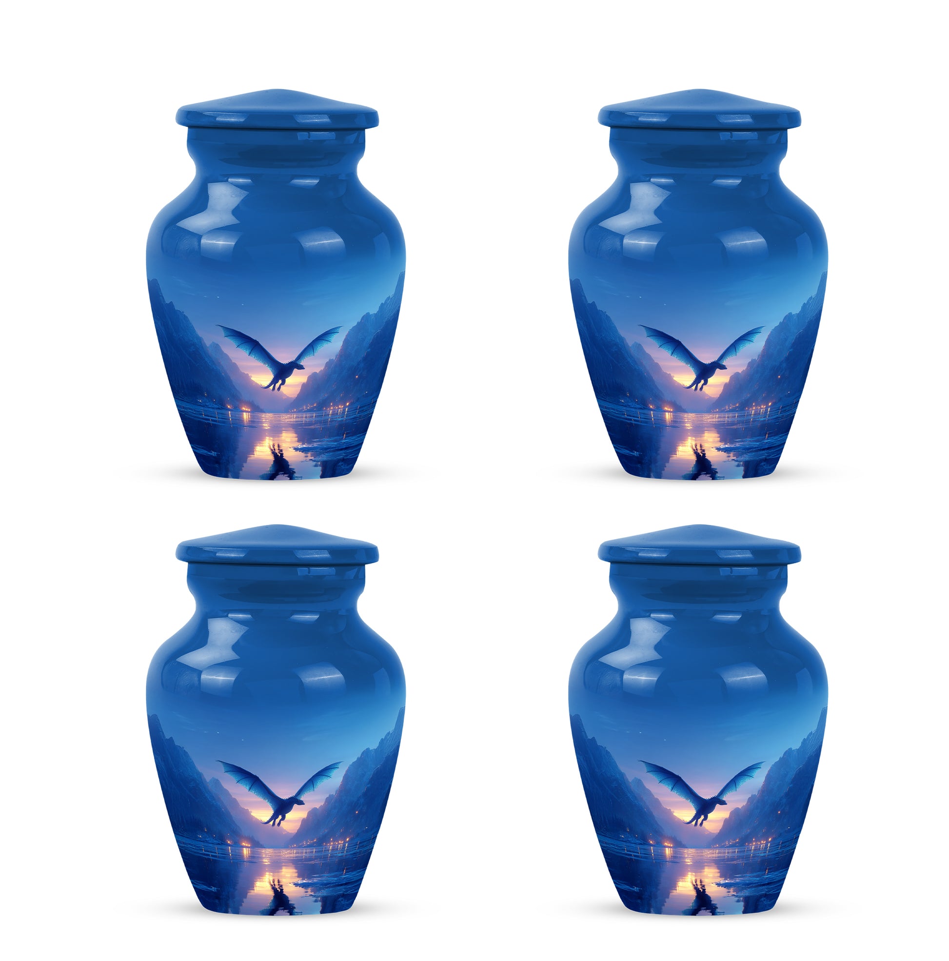 Celestial Blue Dragon Cremation Urn side profile showing urn shape - classic sculpted dragon pattern on smooth aluminum - 10 inch aluminum urn for cremated remains