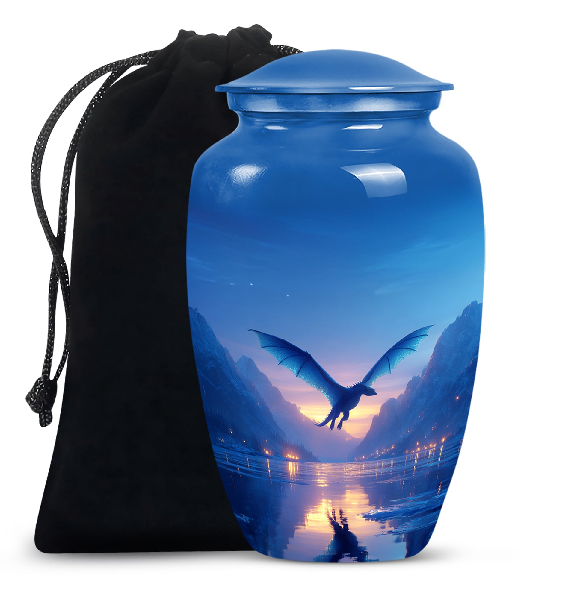 Slate Blue Dragon Cremation Urn angled view of lid and engraved motif - timeless dragon motif etched into premium metal - full-size 10 inch 200 cubic inch adult cremation urn