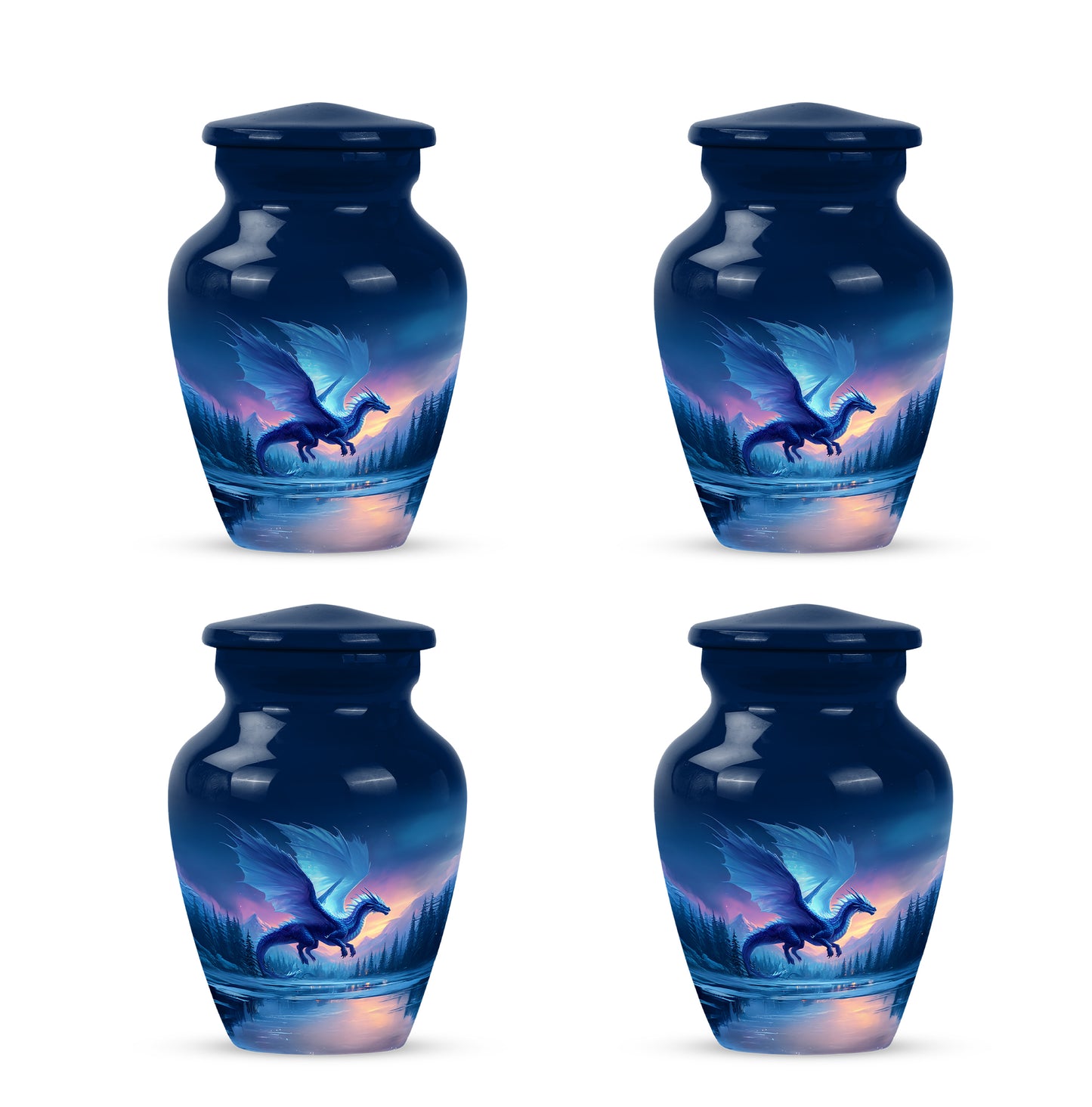 Vivid Blue Dragon Cremation Urn side profile showing urn shape - traditional dragon engraving with hand-polished finish - 10 inch aluminum urn for cremated remains