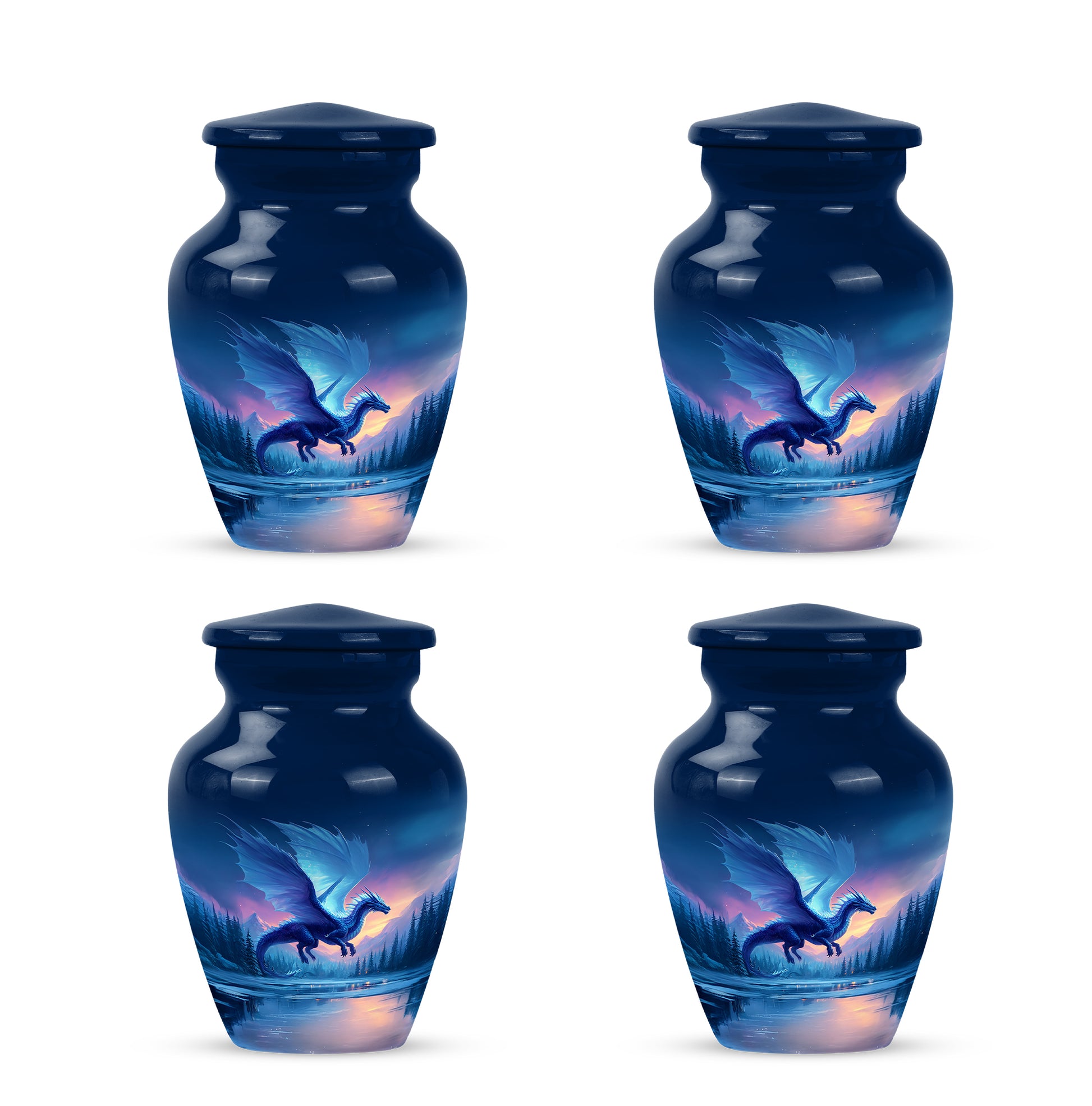 Vivid Blue Dragon Cremation Urn side profile showing urn shape - traditional dragon engraving with hand-polished finish - 10 inch aluminum urn for cremated remains