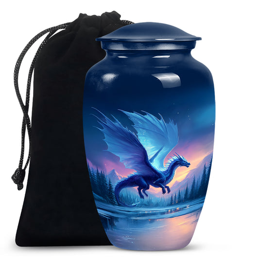 Serene Blue Dragon Cremation Urn angled view of lid and engraved motif - traditional dragon engraving with hand-polished finish - full-size 10 inch 200 cubic inch adult cremation urn