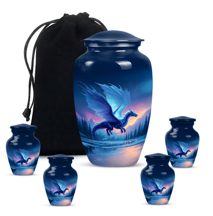 Royal Blue Dragon Cremation Urn top-down view of secure threaded lid - traditional dragon engraving with hand-polished finish - memorial set with one large and four small urns
