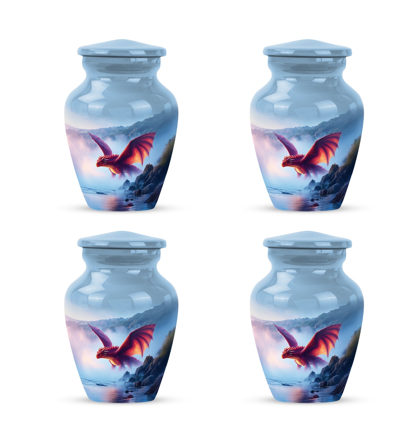 Steel Blue Dragon Cremation Urn side profile showing urn shape - elegant classic dragon relief with fine detailing - 10 inch aluminum urn for cremated remains
