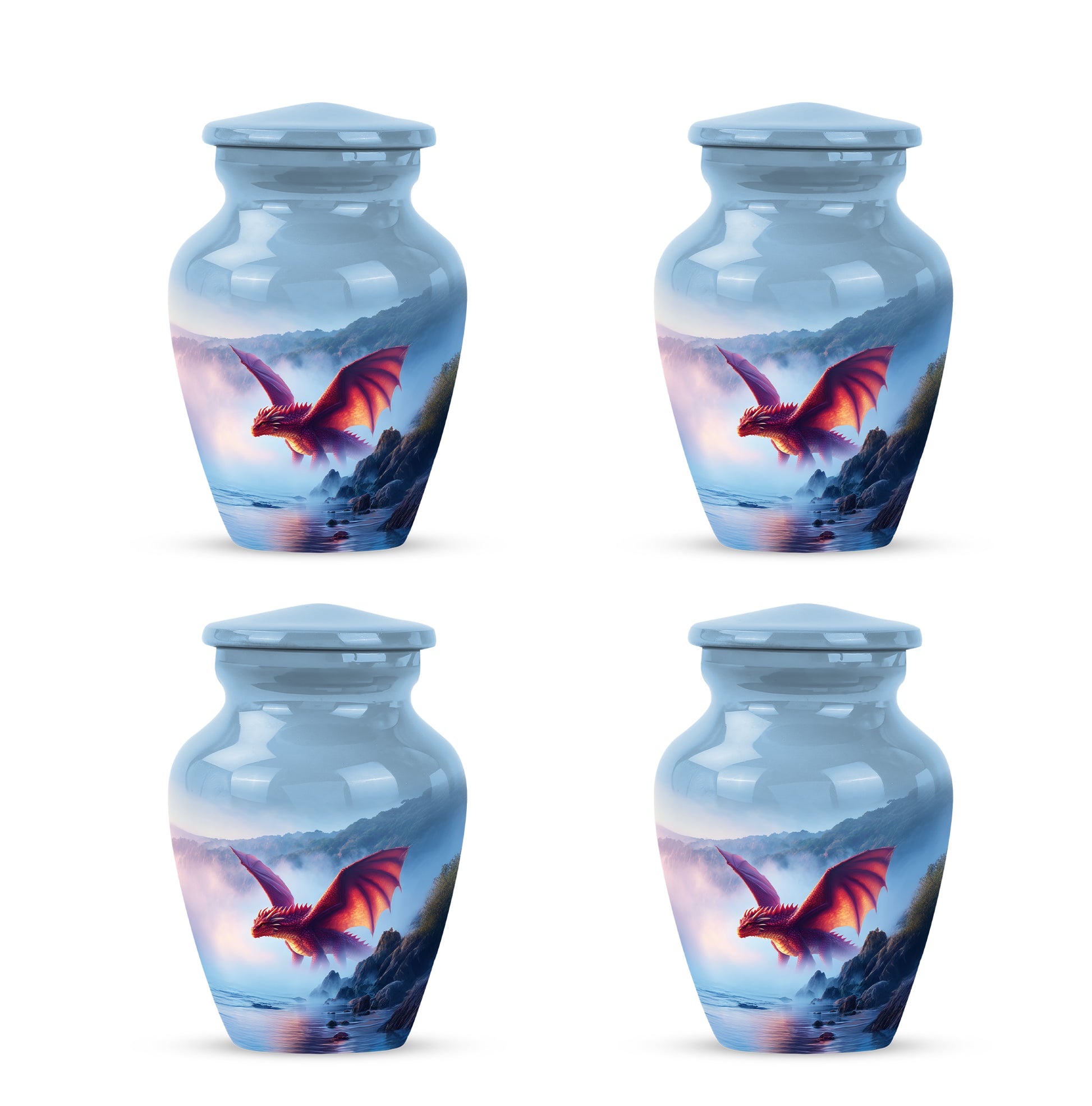Steel Blue Dragon Cremation Urn side profile showing urn shape - elegant classic dragon relief with fine detailing - 10 inch aluminum urn for cremated remains