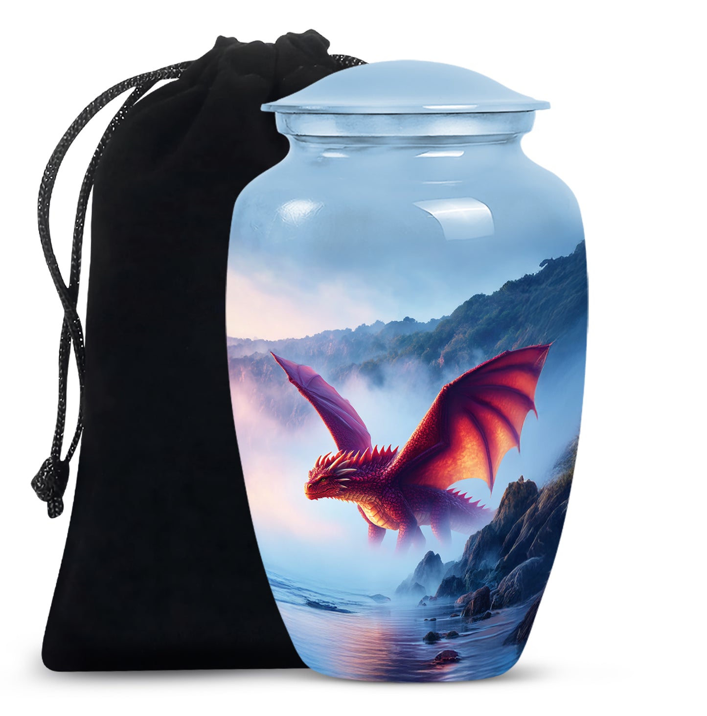 Twilight Blue Dragon Cremation Urn angled view of lid and engraved motif - traditional dragon engraving with hand-polished finish - full-size 10 inch 200 cubic inch adult cremation urn