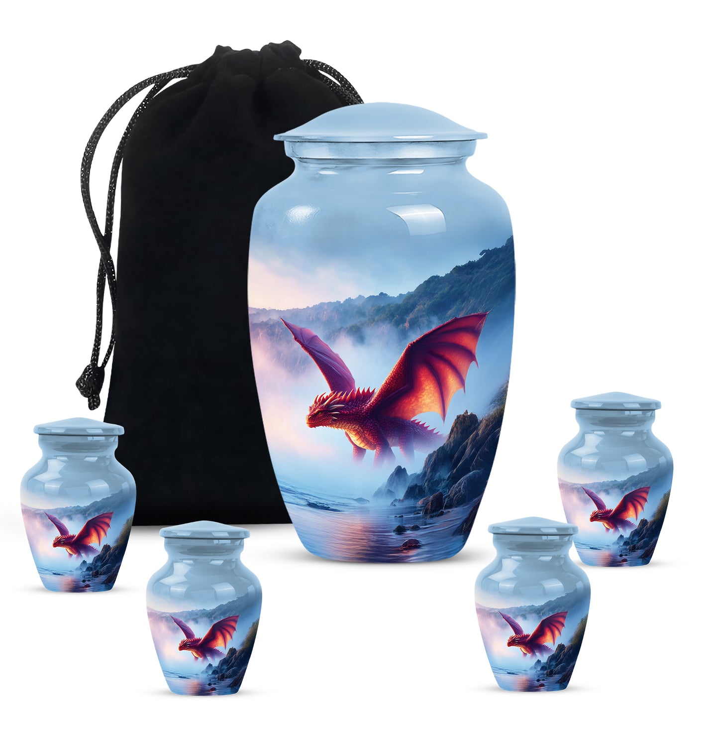 Calming Blue Dragon Cremation Urn top-down view of secure threaded lid - traditional dragon engraving with hand-polished finish - memorial set with one large and four small urns