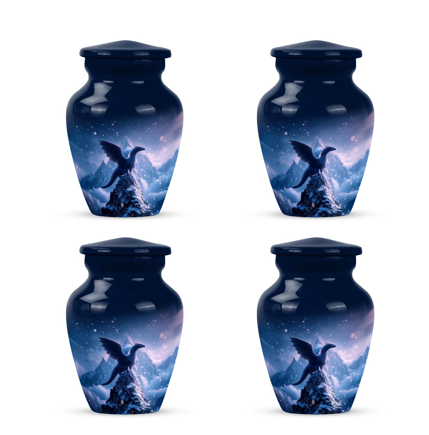 Serene Blue Dragon Cremation Urn side profile showing urn shape - elegant classic dragon relief with fine detailing - 10 inch aluminum urn for cremated remains
