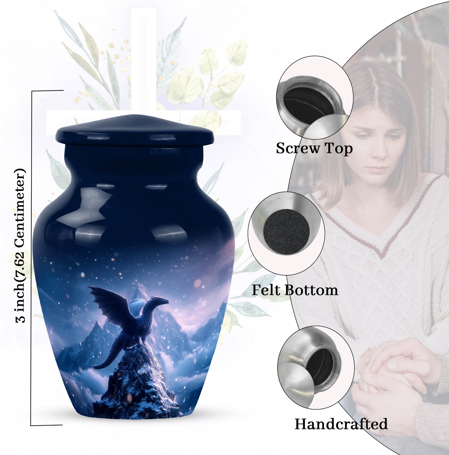 Slate Blue Dragon Cremation Urn close-up of engraving and surface detail - classic sculpted dragon pattern on smooth aluminum - mini keepsake memorial for portion of cremation ashes