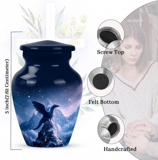Slate Blue Dragon Cremation Urn close-up of engraving and surface detail - classic sculpted dragon pattern on smooth aluminum - mini keepsake memorial for portion of cremation ashes